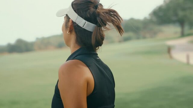 Close-up tracking shot of a female golfer walking toward the tee box with focus and confidence. Her playing partners appear in the background, capturing game rhythm and natural pre-shot movement.