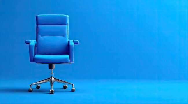 A vibrant blue office chair sits centrally against a matching blue backdrop, creating a minimalist and modern aesthetic. The chair is well-lit, emphasizing its padded seat and arms - Powered by Adobe