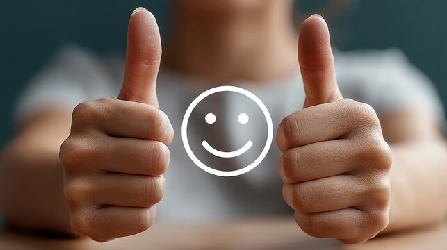 Person's hands giving double thumbs up with a positive feedback smiley icon