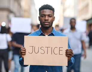 Black man holding a “Justice” sign during a peaceful protest, city background