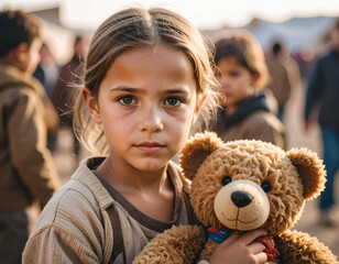 Child in refugee camp holding a teddy bear, hopeful eyes, dusty environment
