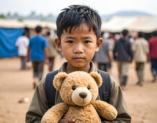 Child in refugee camp holding a teddy bear, hopeful eyes, dusty environment