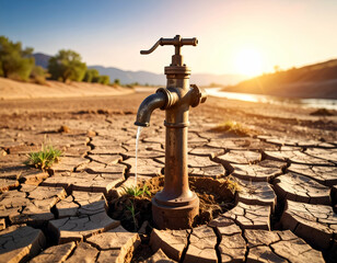 Cracked land and dried riverbed, abandoned water pump in center