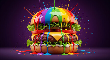 A vibrant burger creation featuring colorful rainbow paint dripping down the sides against a deep purple backdrop, a modern artistic food concept.