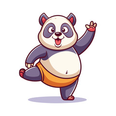 Obraz premium Chubby Panda Doing Yoga Pose with One Leg Raised and Tongue Out Cute Funny Vector Illustration.