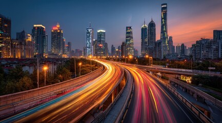 Fototapeta premium A vibrant cityscape at twilight, showcasing a sprawling highway with streaks of light from fast-moving vehicles, contrasted against a backdrop of illuminated skyscrapers