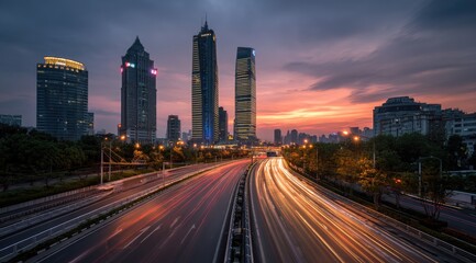A vibrant cityscape at twilight, with streaks of light from speeding vehicles on a multi-lane highway, framed by skyscrapers and lush greenery under a colorful sunset sky