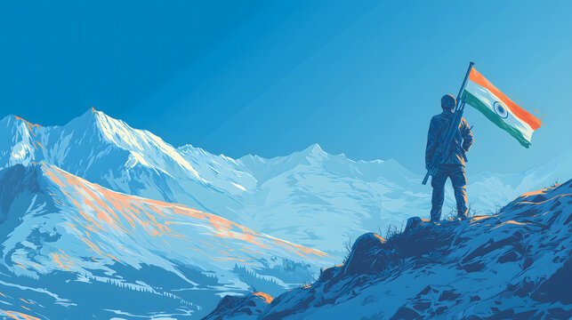 Illustration of Indian soldier standing with Indian flag on mountain - Kargil Vijay Diwas