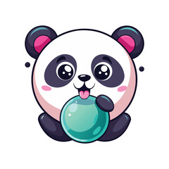 Cute panda blowing giant bubblegum bubble popping on face, funny cartoon vector art, playful animal illustration on white background