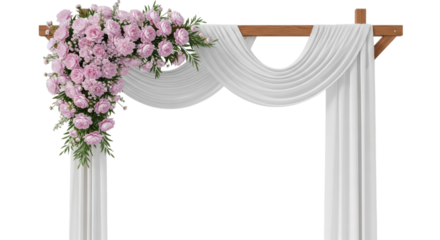 Pink Floral Arrangement Draped White Fabric isolated on a transparent background