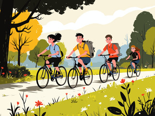 Fototapeta premium a diverse group cycling through a scenic park, promoting outdoor fitness and a healthy, active lifestyle
