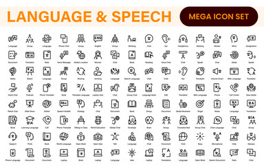 Language web icon set in line style. Language translation, linguistics, speaking, dictionary, listening skills, writing, translate, collection.