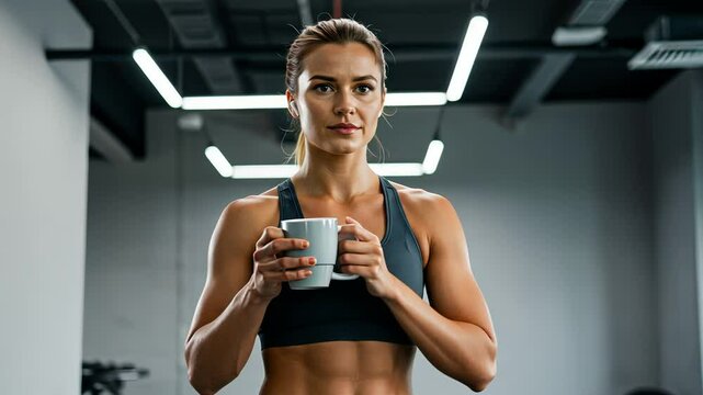 Woman holding two mugs with drink, taking a break from workout in fitness gym. Recovery and energy concept, sport footage.