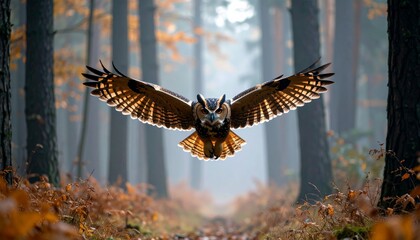 Fototapeta premium Owl Flying Through Misty Woods 