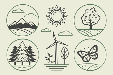  nature landscape, flat design icon set, cloud sun tree, fruit tree, pine tree, mountain landscape, wind turbine, butterfly, nature icon