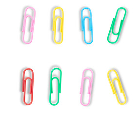colorful paper clips on transparent background, isolated.