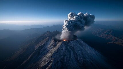 Fototapeta premium Aerial View of Erupting Volcano with Ash and Smoke Plumes Against a Blue Sky