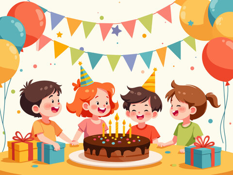 artwork vector illustration A joyful birthday party scene with four happy children, a chocolate cake with candles, gifts
