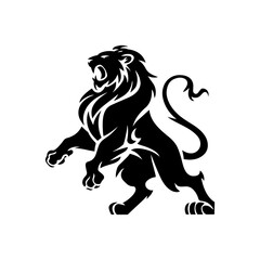 Royal heraldic lions. Black silhouette of a rampant lion and griffins for logo or coat of arms. Premium wild animal crest symbols
