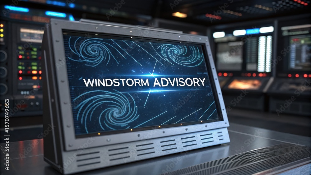 Poster meteorology digital display showing a windstorm advisory in a high-tech control room environment.