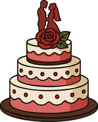 Romantic Wedding Cake with Rose and Couple Topper 3 Tier Illustration