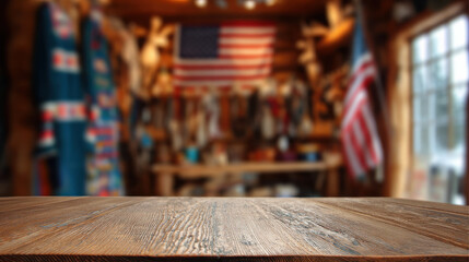 Wooden Table with Blurred Patriot Day Interior Background with Traditional Costumes and Flags