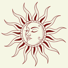 Stylized sun face with flowing rays celestial cosmic