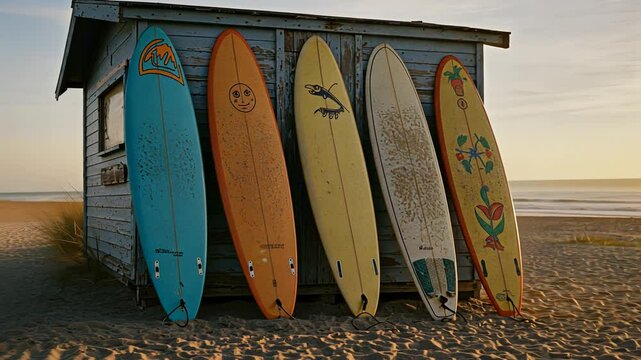 Surfboards leaning against a rundown beach hut at sunrise. Vintage surf lifestyle and coastal leisure time concept footage.