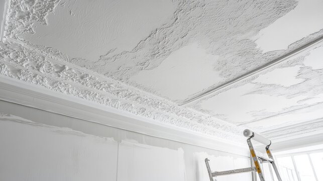 Home maintenance photography, precise ceiling painting technique, textured ceiling detail, professional paint roller tool, fresh white coating application, renovation progress shot, architectural