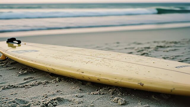 Surfboard resting on sandy beach near ocean waves at sunset. Water sport recreation and healthy lifestyle concept footage.
