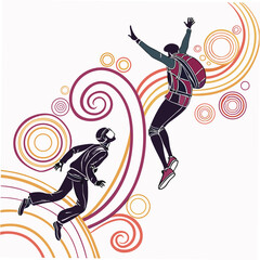 Two figures in motion with swirling patterns abstract