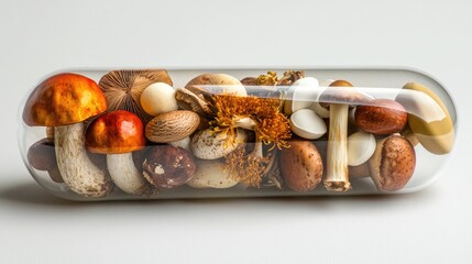 huge transparent capsule of medicinal plants and mushrooms on a light background