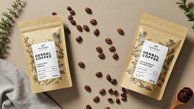 Top view of two natural herbal coffee bags on a beige surface with scattered roasted beans.