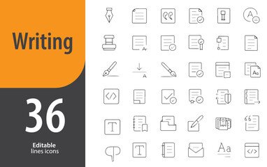 Writing Line Icons, Pen Tool, Notepad, Handwriting, Text Editor, Pencil, Editable Formats: AI, EPS, PNG, JPG, Ideal for Both Digital and Print Use
