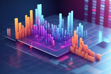 3D rendering of abstract bar graph displaying orange purple  blue columns on a translucent platform with circuit board design