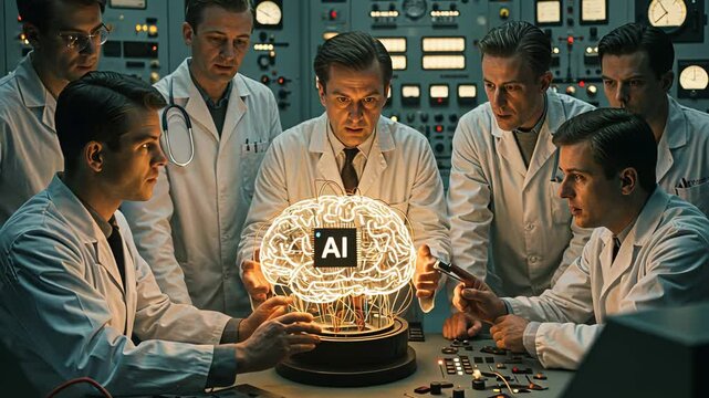 Group of men scientists in lab coats studying a glowing AI brain with circuits on a workbench. Artificial intelligence development research concept.