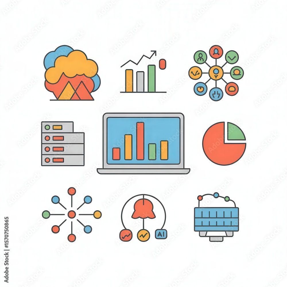 Poster 9 colorful data icons cloud chart laptop server graph bell connections nodes and pie chart on a whit