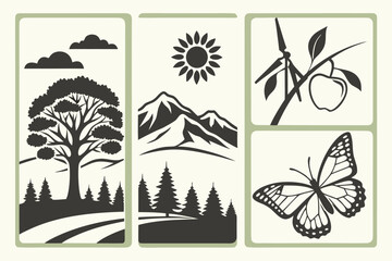 Obraz premium nature landscape, flat design icon set, cloud sun tree, fruit tree, pine tree, mountain landscape, wind turbine, butterfly, nature icon