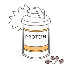 White protein container with orange bands and pills