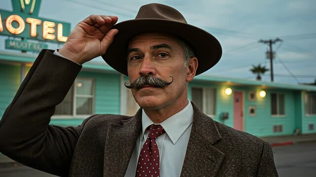 Caucasian man with a mustache in a hat and suit tips his hat at a motel. Vintage travel and retro style footage.