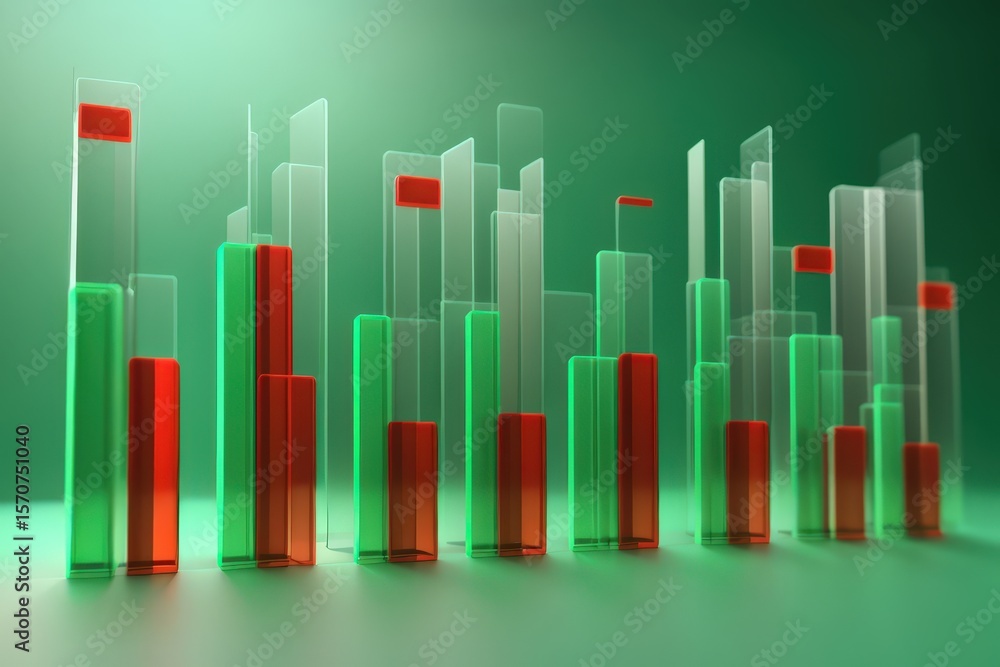 Aufkleber a 3d bar graph on a green background shows alternating green and red bars with transparent gray bars
