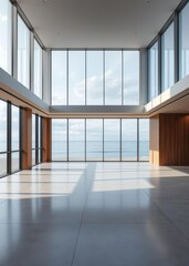 Obraz premium Spa hotel interior on the beach scandinavian minimal style with panoramic windows Empty room interior design architecture blank design room striking structures clean lines geometric shapes dra