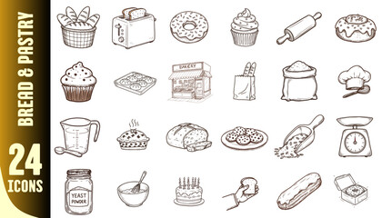 Bread and pastry icons in simple line art style  