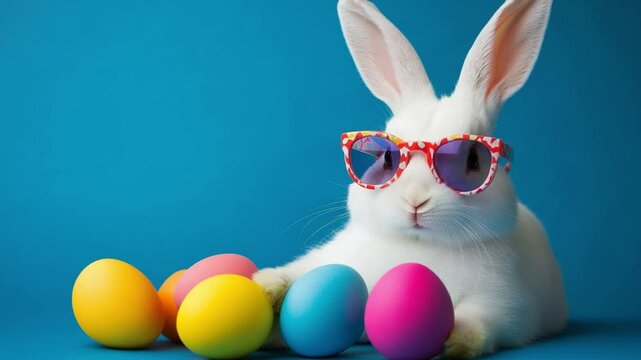 Playful white rabbit wearing sunglasses surrounded by colorful Easter eggs on a blue background - Powered by Adobe