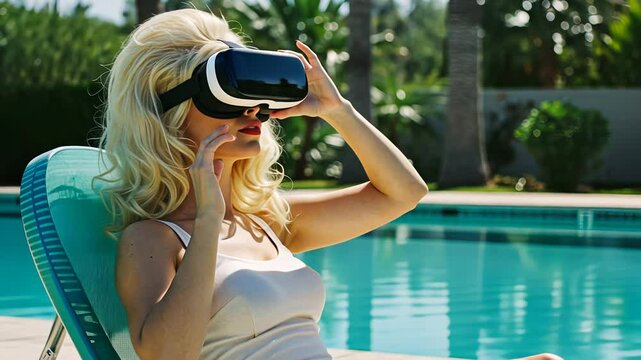 Blonde woman wearing virtual reality headset relaxing by swimming pool. Summer innovation and digital entertainment concept. Footage