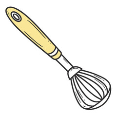 Yellow handled whisk on white background kitchen utensil