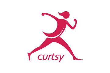 Dynamic pink silhouette of a woman running with the word curtsy