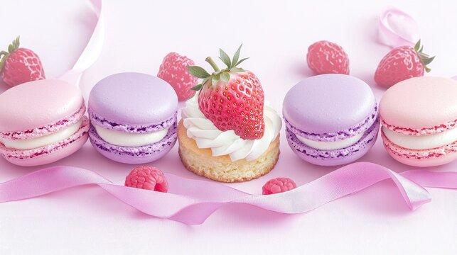 imagine a hairribbon, with a strawberry shortcake slice in the middle, surrounded by 3 macaroons in pastel colors, it is a transparent png file 
