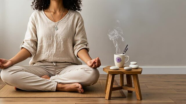 Woman meditating in lotus position with steaming mug and aromatherapy, promoting relaxation and mindfulness. footage.