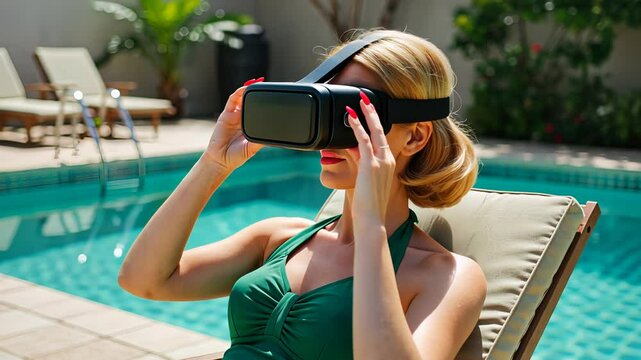 Woman relaxation on resort using vr headset. Female in virtual reality metaverse world technology near swimming pool footage.